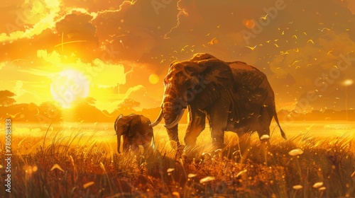 An endearing illustration of a mother elephant leading her baby elephant through a field of tall grass, with the setting sun casting a warm, golden glow over the scene © Filip