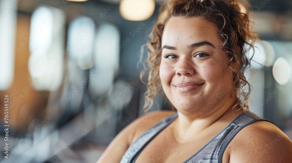Smiling woman with curly hair wearing a sleeveless top standing in a gym with blurred background. Smiling woman with curly hair wearing a sleeveless top standing in a gym with blurred background.