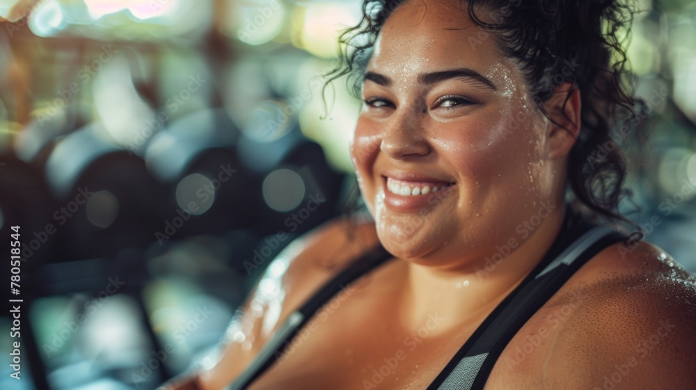 Woman with radiant smile sweat glistening on her face wearing black tank top standing in gym with blurred background of exercise equipment.
