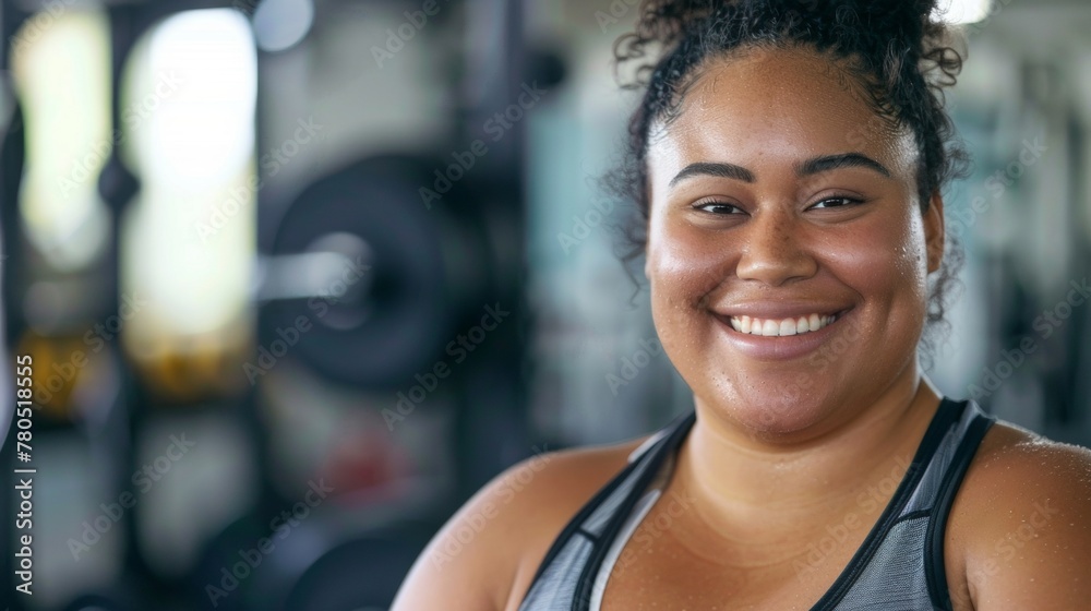 Smiling woman in gym sweaty wearing tank top surrounded by weights and equipment conveying joy and accomplishment.