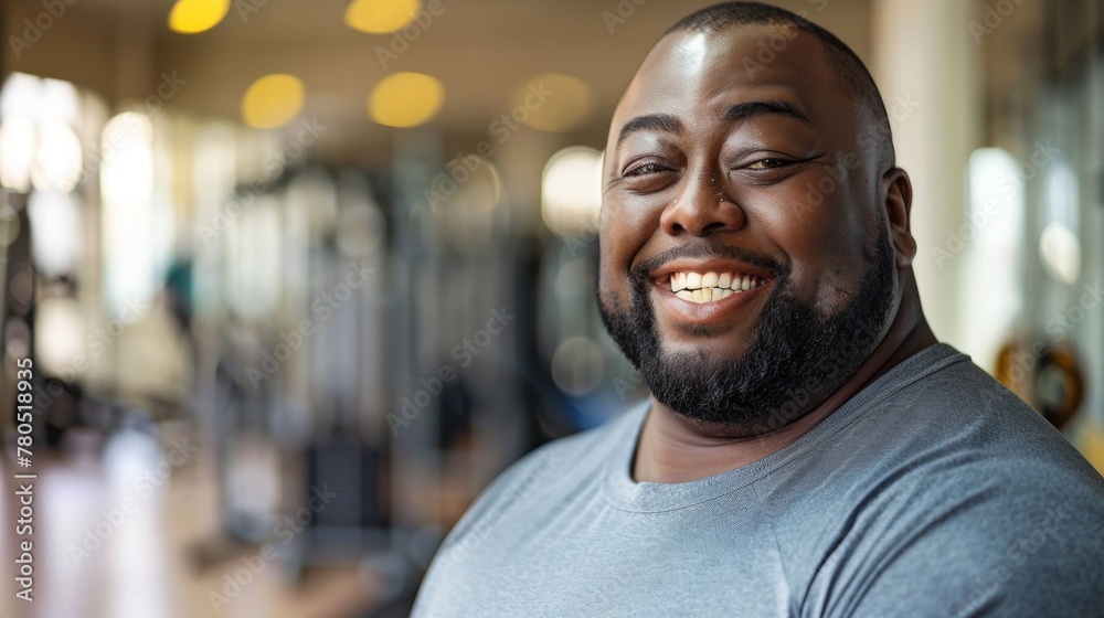 Smiling man with beard in gym wearing gray t-shirt standing in front of blurred exercise equipment. Smiling man with beard in gym wearing gray t-shirt standing in front of blurred exercise equipment.
