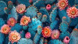 Desert cactus plants with vibrant orange and pink flowers blooming in the sunlit landscape