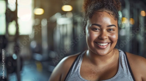 A smiling woman with curly hair wearing a gray tank top set against a blurred background of a gym or fitness center. Free Download A smiling woman with curly hair wearing a gray tank top set against a blurred background of a gym or fitness center. - GFXLoad