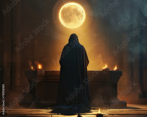 Devotion in the Mystical Realm: A Minimalist 3D Rendering of an Occult Practitioner with Glowing Amulets