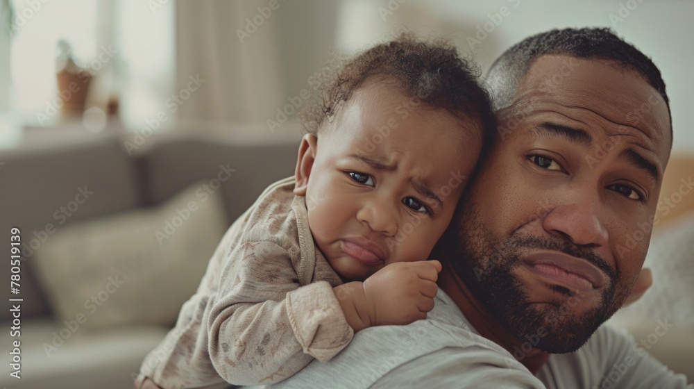 A man with a beard and a baby with a frowning expression both looking at the camera in a blurred indoor setting. A man with a beard and a baby with a frowning expression both looking at the camera in a blurred indoor setting.