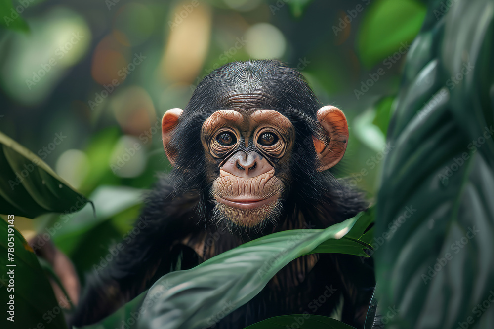 Close up portrait of a happy baby chimpanzee with a smile behind lush jungle leaves on blurred forest background - obrazy, fototapety, plakaty 