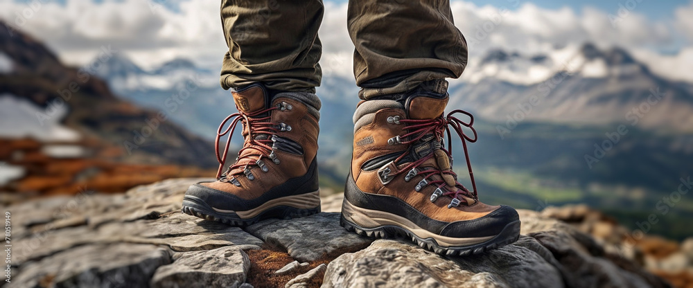 A hiker person wearing hiking boots is standing on a rocky mountain top. The scene captures the essence of adventure and exploration as the individual takes in the breathtaking view of the surrounding A hiker person wearing hiking boots is standing on a rocky mountain top. The scene captures the essence of adventure and exploration as the individual takes in the breathtaking view of the surrounding
