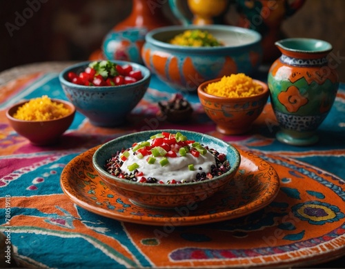 Traditional Mexican dish chiles en nogada served on a colorful platter with a background of Mexican pottery.
