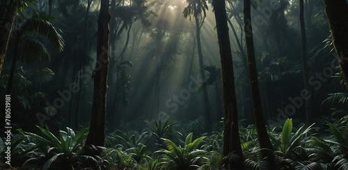 Image depicts a dense jungle with palm trees and ferns and the sun s rays shine through the trees  illuminating the scene