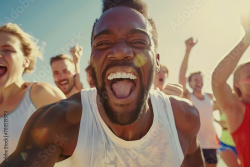 Ecstatic marathon runners celebrating victory and joy, concept of success, happiness, and achievement in sports events