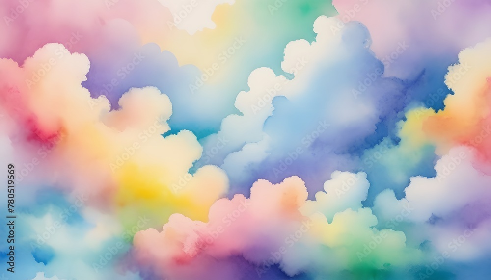 Colorful watercolor background of abstract sunset sky with puffy clouds in bright rainbow colors of blue yellow, green, and purple