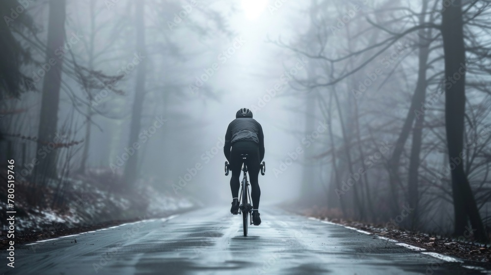 A solitary cyclist pedaling down a misty tree-lined road with the fog obscuring the background creating a serene and mysterious atmosphere.