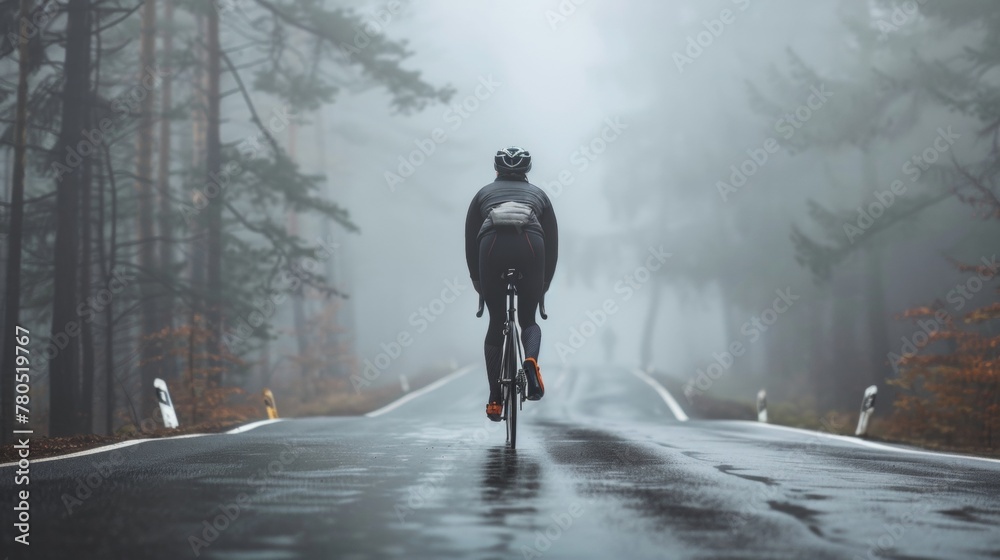 A solitary cyclist pedaling down a misty wet road surrounded by fog and trees with a backpack riding in a forward-leaning position.