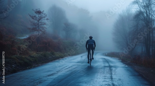 A lone cyclist pedaling down a misty tree-lined road at dusk with the silhouette of the cyclist and the surrounding forest creating a serene and mysterious atmosphere.