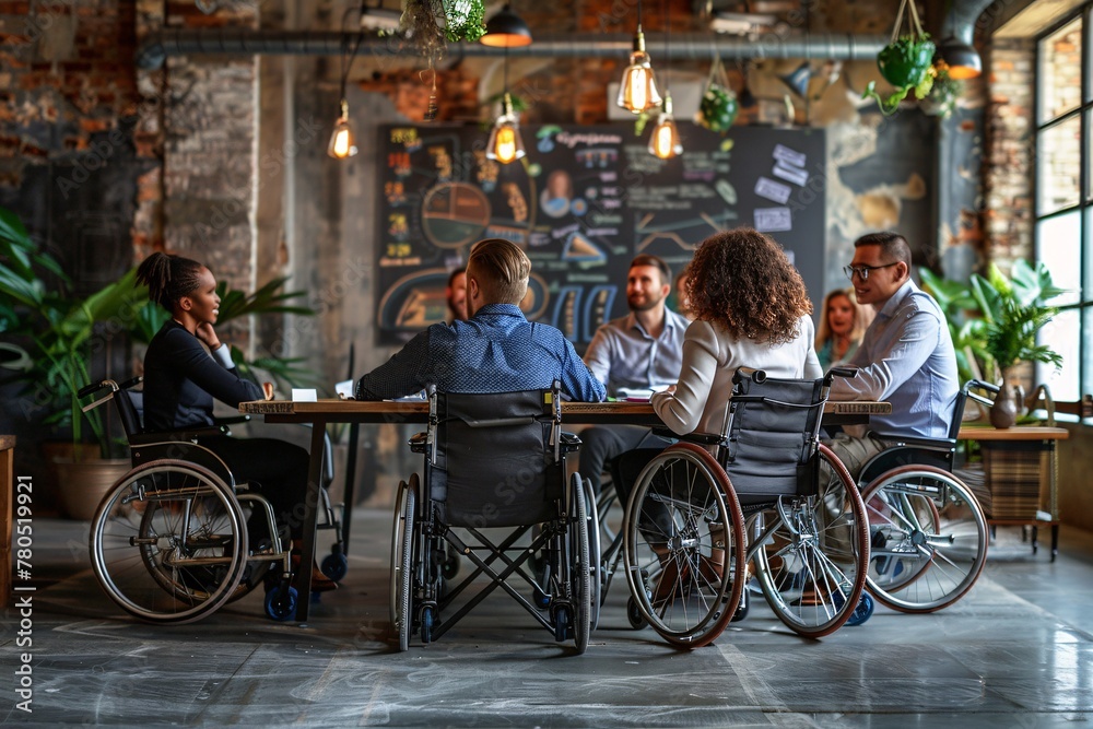Obraz premium A team of professionals, including a disabled colleague, meet to discuss inclusivity and welcome a young businessman.