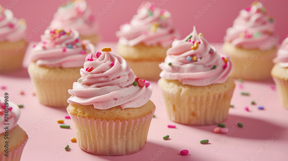 Pink frosted cupcakes with sprinkles, embodying a whimsical charm and sweetness, featuring a delicate balance of fluffy cake topped with vibrant pink frosting and colorful sprinkles