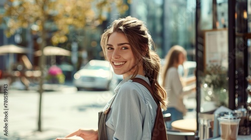 A cheerful woman with long hair wearing a light blue shirt and brown suspenders smiling at the camera standing outside a caf? with a car and pedestrians in the background. © iuricazac