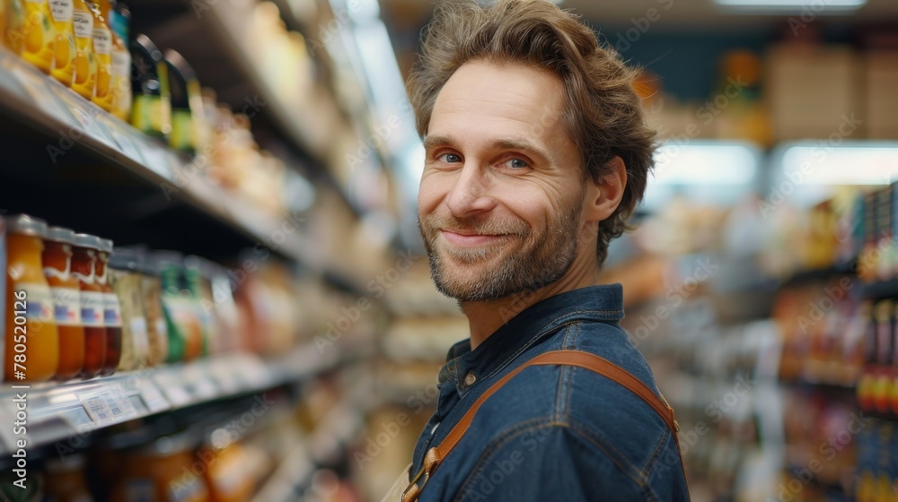 A man with a beard and a smile wearing a denim shirt standing in a grocery store aisle with various bottled goods. A man with a beard and a smile wearing a denim shirt standing in a grocery store aisle with various bottled goods.