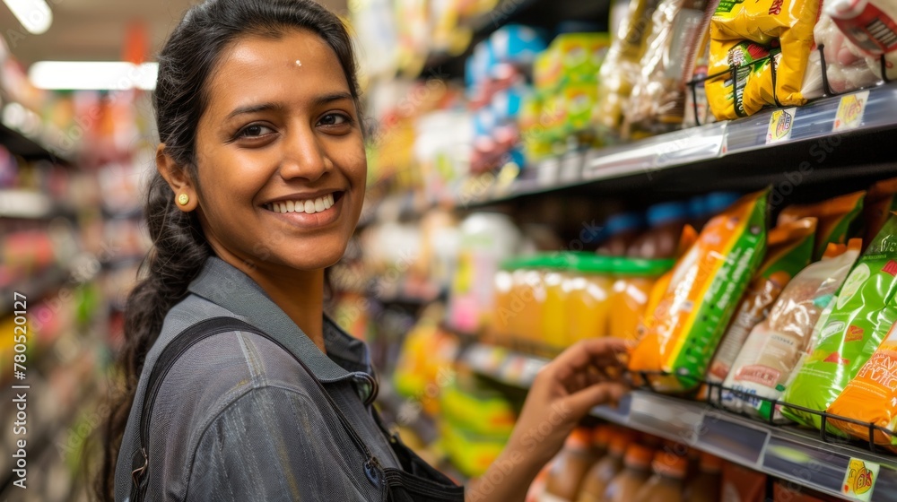 Smiling woman shopping in supermarket aisle with variety of packaged food and drink products.