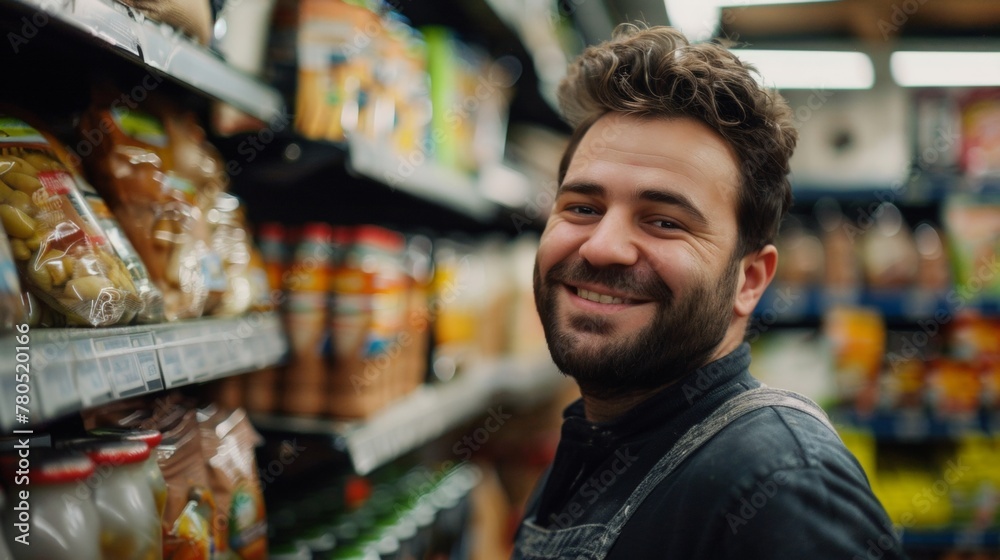 Smiling man in apron standing in a grocery store aisle with various packaged food items.