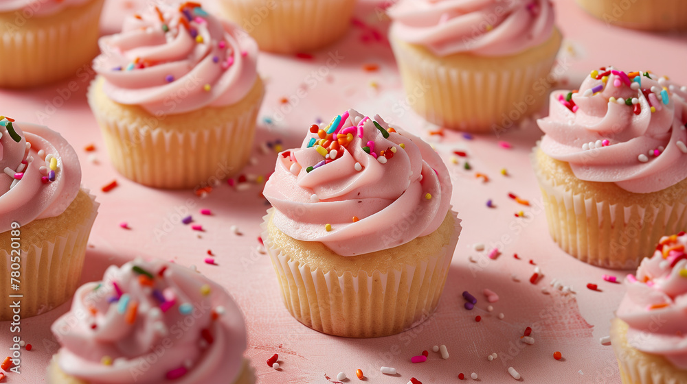 Pink frosted cupcakes with sprinkles, embodying a whimsical charm and sweetness, featuring a delicate balance of fluffy cake topped with vibrant pink frosting and colorful sprinkles