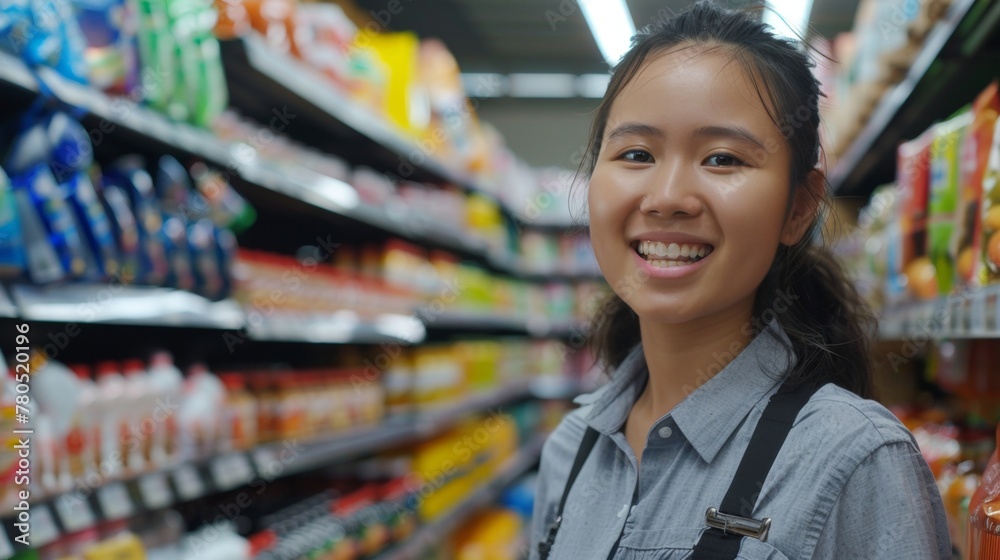 Smiling woman in a grocery store aisle wearing a gray shirt and black suspenders surrounded by various packaged goods.