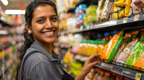 Smiling woman shopping in supermarket aisle with variety of packaged food and drink products. © iuricazac