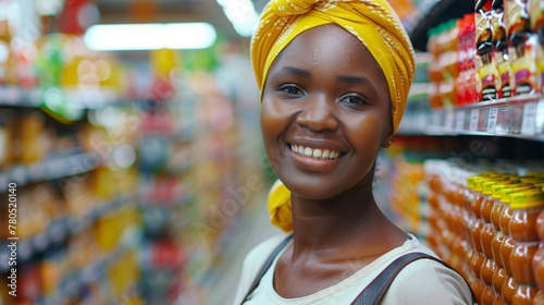 Smiling woman with yellow headscarf in supermarket aisle.