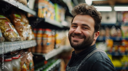 Smiling man in apron standing in a grocery store aisle with various packaged food items.
