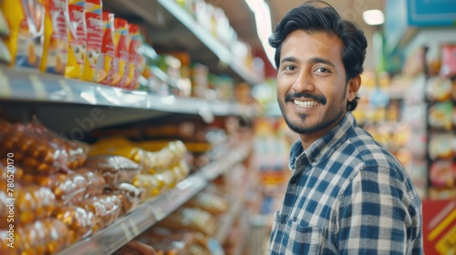 Smiling man in plaid shirt standing in front of grocery store shelves stocked with various packaged food items.