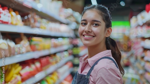 A smiling woman in a pink shirt and apron standing in a grocery store aisle filled with various products.
