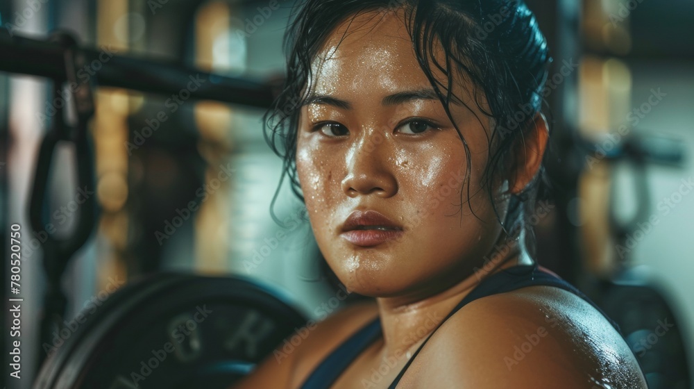 Obraz premium A young woman with a sweaty face glistening skin and wet hair standing in a gym with a dumbbell in her hand looking directly at the camera with a determined expression.