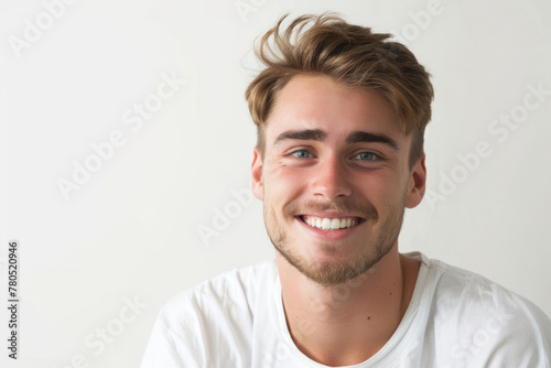 Masculine handsome young man smiling in a studio isolated on white background