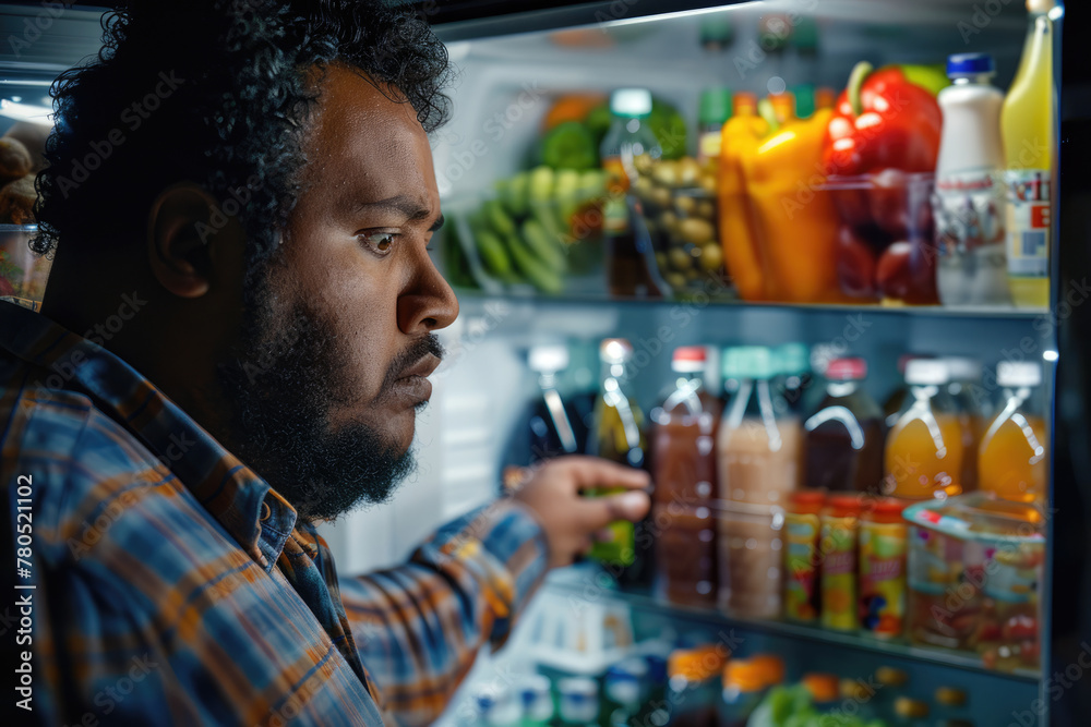 overweight man at night open refrigerator looking for food at night
