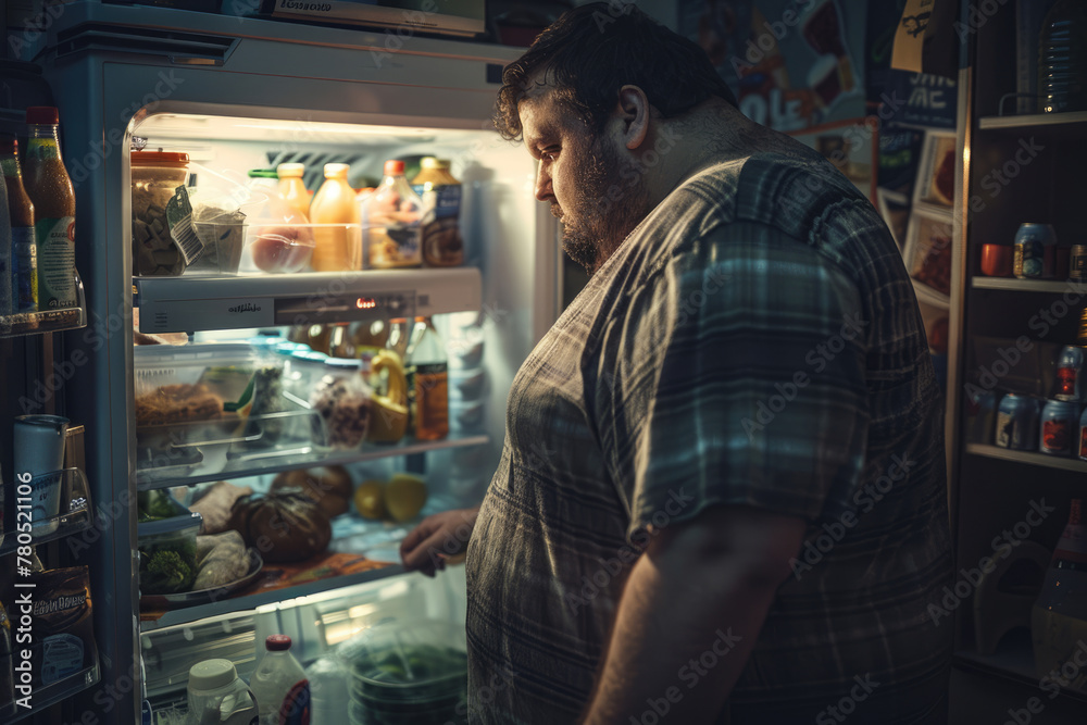 overweight man chooses food near an open refrigerator