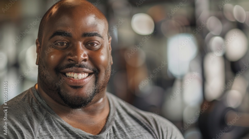Smiling bald man with beard wearing gray shirt in gym setting with blurred background. Smiling bald man with beard wearing gray shirt in gym setting with blurred background.