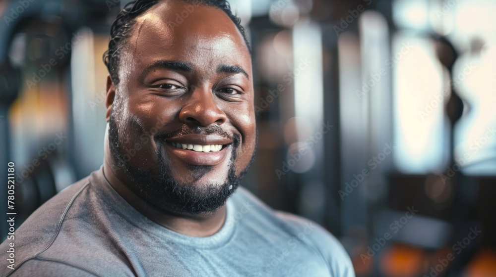 Smiling man with short beard and short hair wearing a gray t-shirt standing in a gym with blurred background. Smiling man with short beard and short hair wearing a gray t-shirt standing in a gym with blurred background.