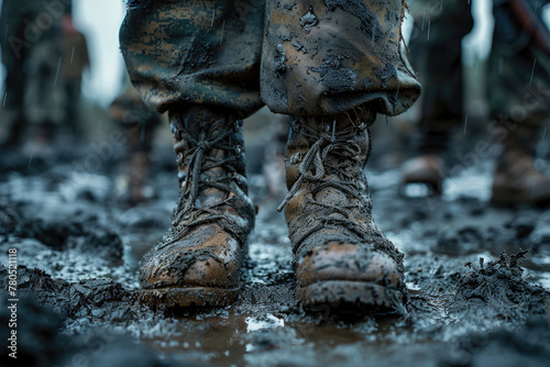 Soldiers in military boots in the mud photo