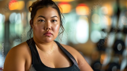 A young woman with a determined expression wearing a black sports top standing in a gym with blurred equipment in the background. Free Download A young woman with a determined expression wearing a black sports top standing in a gym with blurred equipment in the background. - GFXLoad
