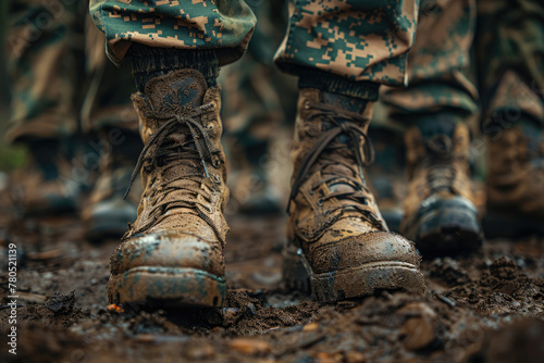 Legs of a soldier in wet dirty army boots photo