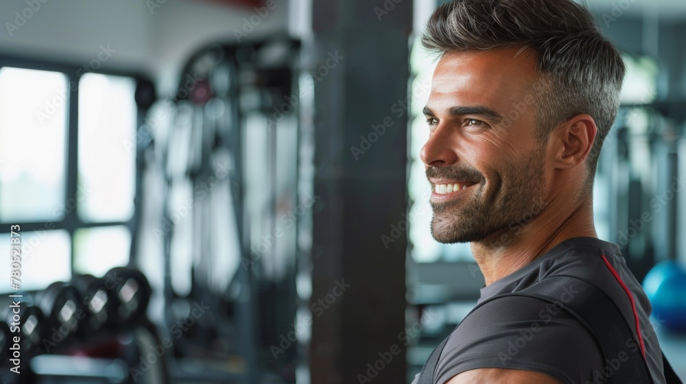 Smiling man in gym wearing gray tank top standing near weight machines looking over shoulder with sunlight streaming through windows.