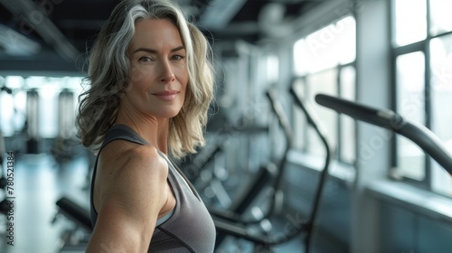 A woman with gray hair wearing a tank top standing in a gym with exercise equipment in the background looking towards the camera with a slight smile.
