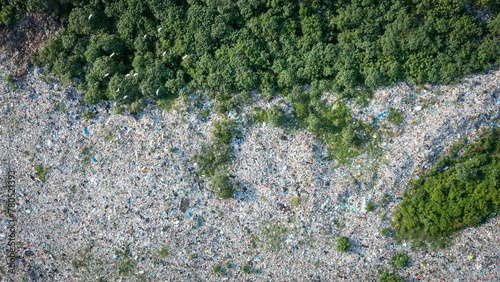 A pile of garbage in a landfill, aerial view. Concept of ecology.