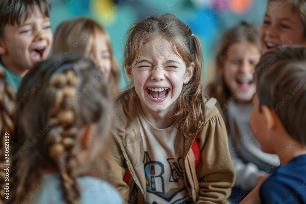 Fototapeta premium Schoolchildren laughing at crying girl at school, bullying concept