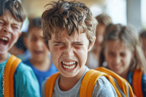 Schoolchildren laughing at crying boy, school bullying concept photo