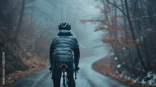 A solitary cyclist clad in a black jacket and helmet pedaling down a misty autumn-hued forest road. photo