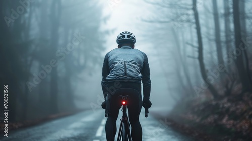 A lone cyclist in a gray jacket and black helmet riding a red-lit bicycle pedaling down a foggy tree-lined road. © iuricazac