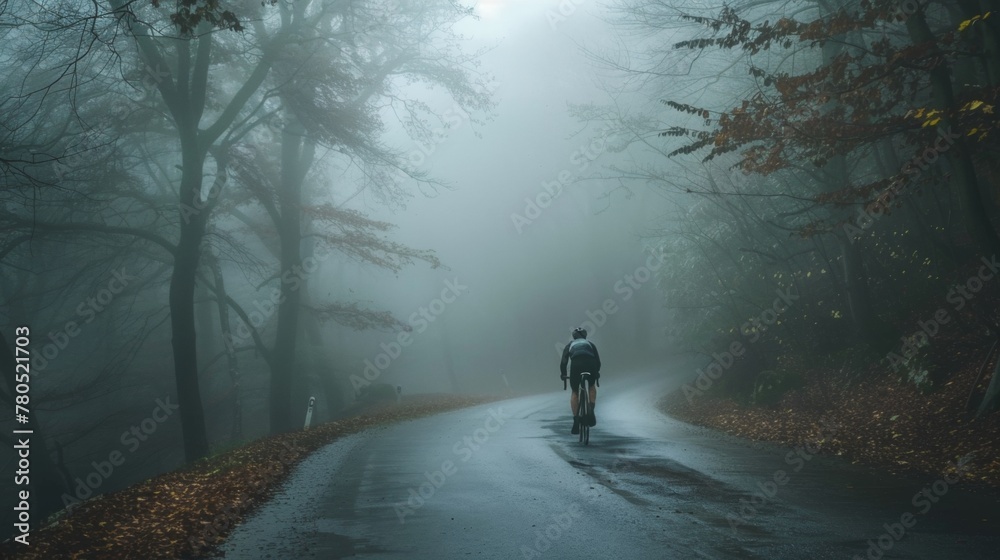 A solitary cyclist pedaling down a foggy leaf-strewn road surrounded by misty woods. A solitary cyclist pedaling down a foggy leaf-strewn road surrounded by misty woods.