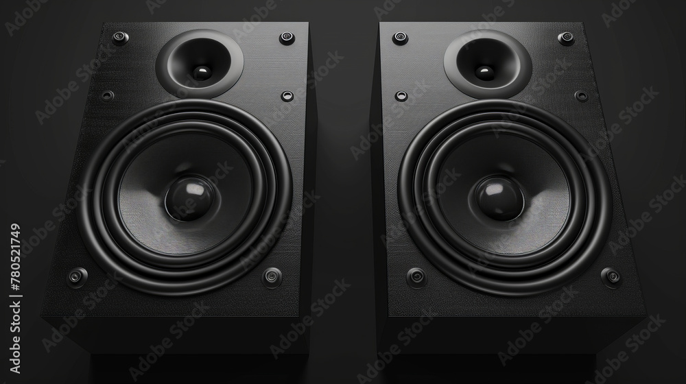 Pair of black loud speakers isolated on dark background