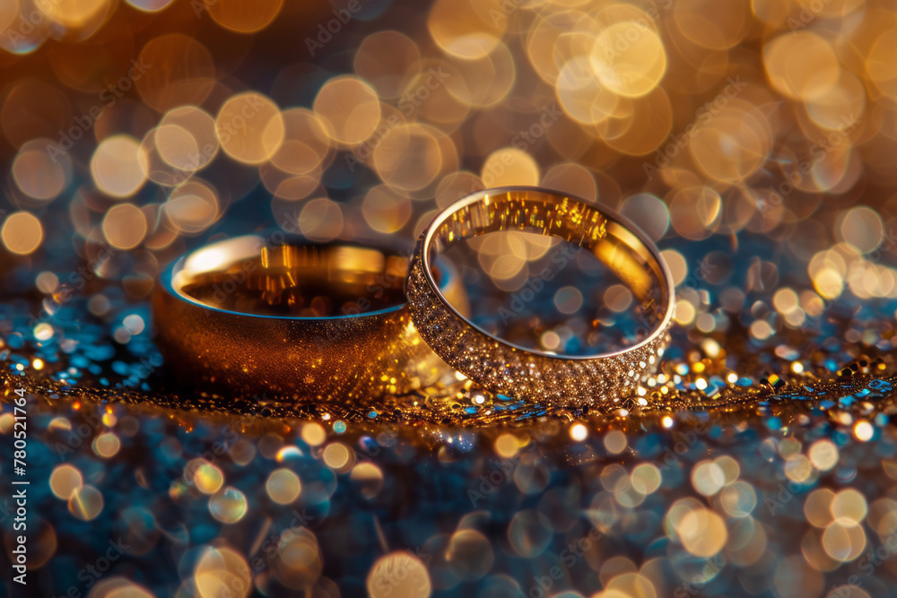 Pair of shiny wedding rings on a sparkling background